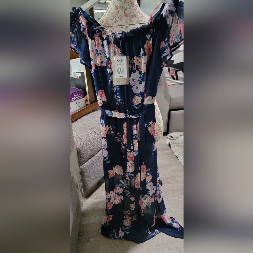 NWT Lily Rose Floral Off-Shoulder Maxi/Romper Dress Size Small